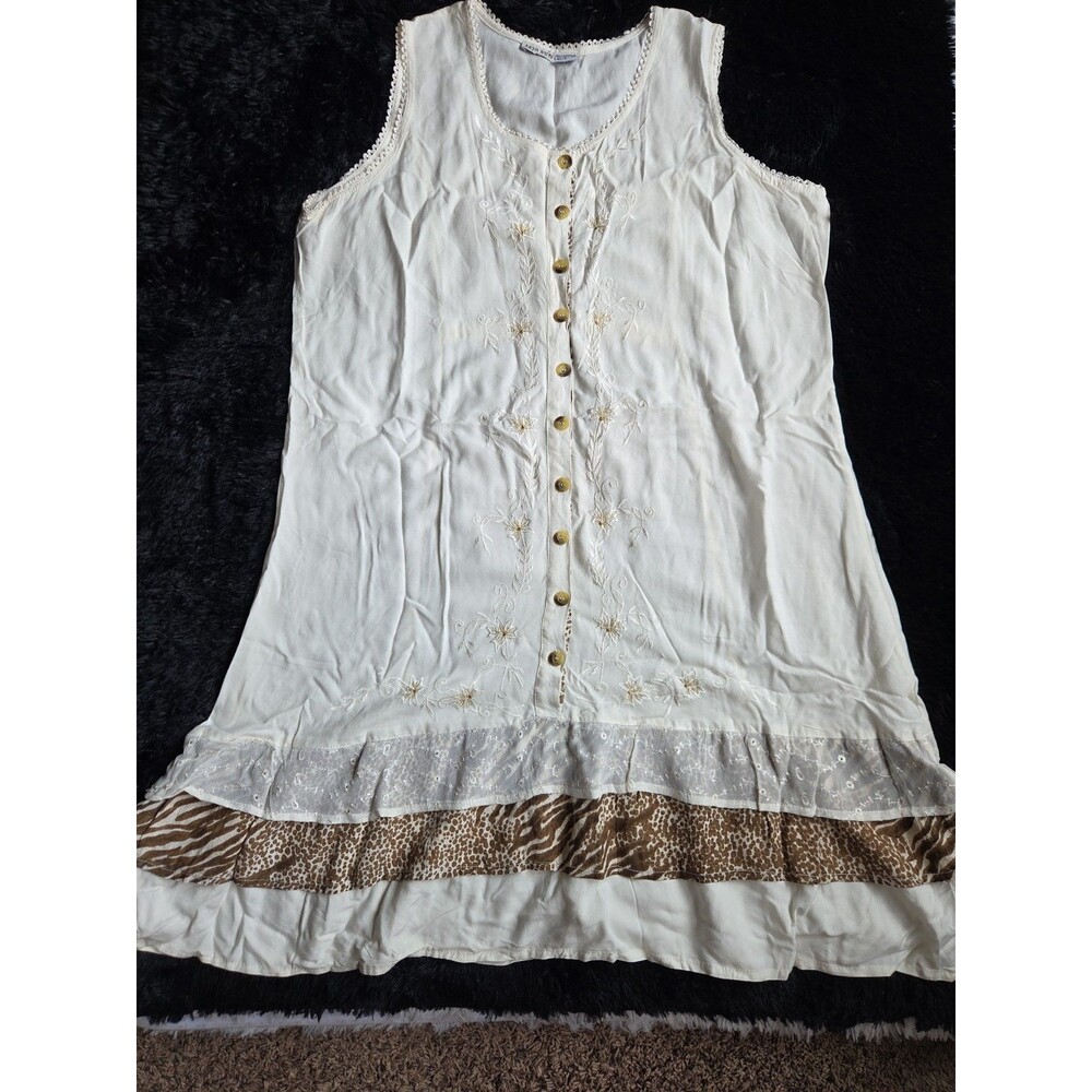 Raya Sun Swing Tank Dress L Cream Embroidery Lace Ruffles Lightweight Buttons